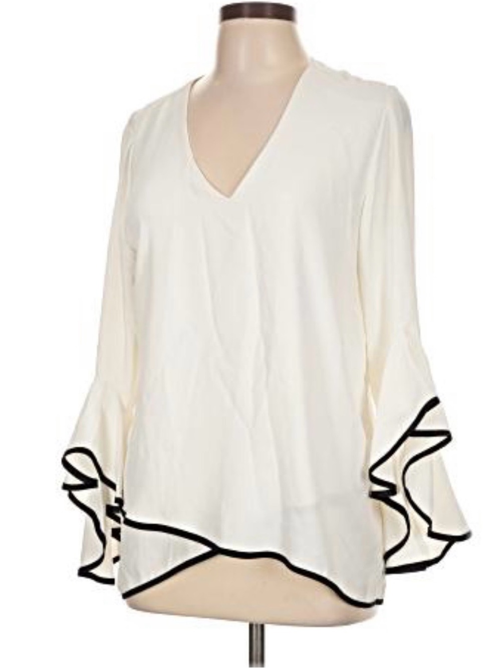 NWT Vince Camuto Cream V-Neck Ruffle Bell Sleeve Tunic with Black Trim Sz M